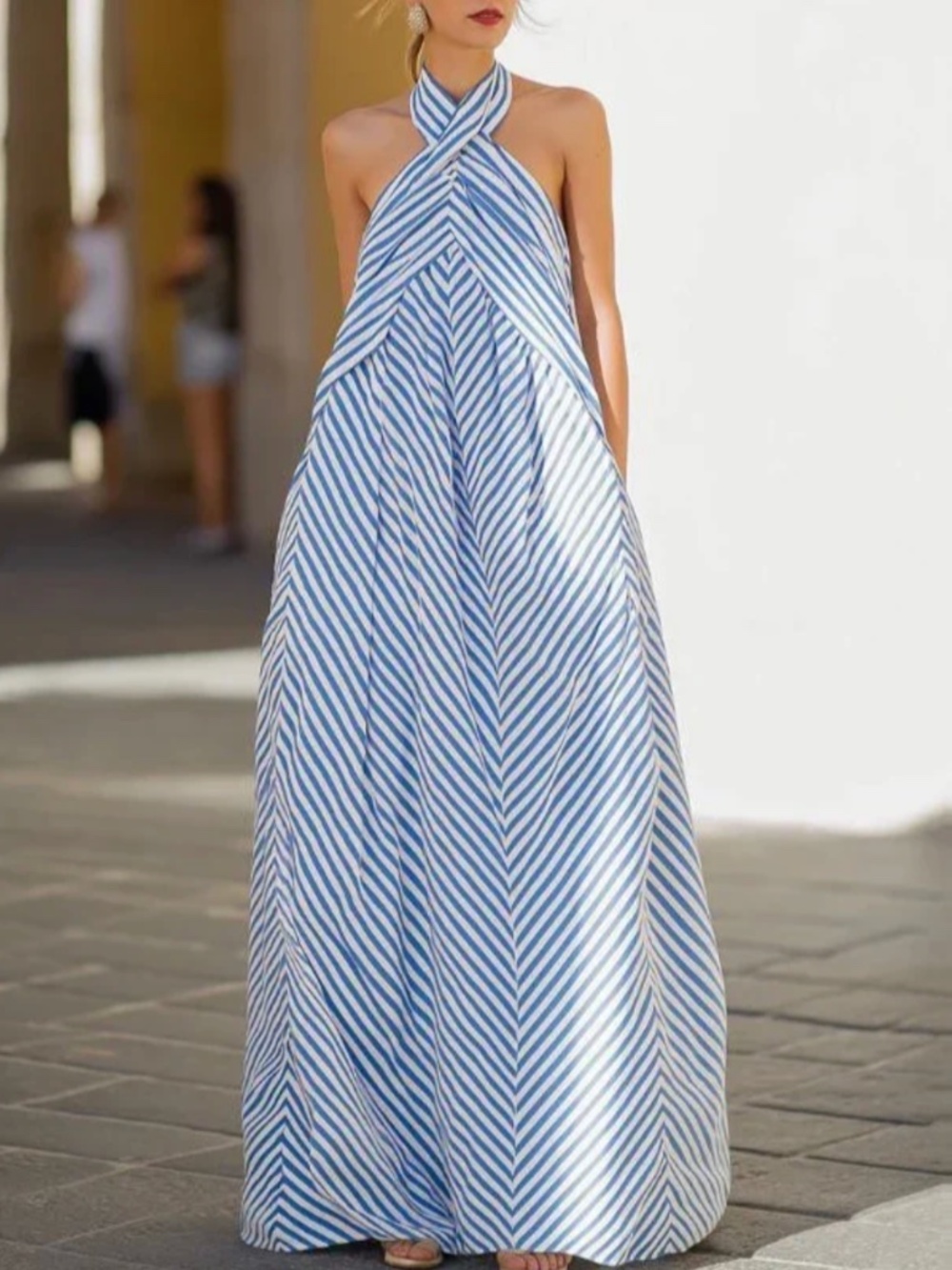 NWT Momyknows Blue & White Halter Striped Coastal Maxi Dress Bump Friendly sz L